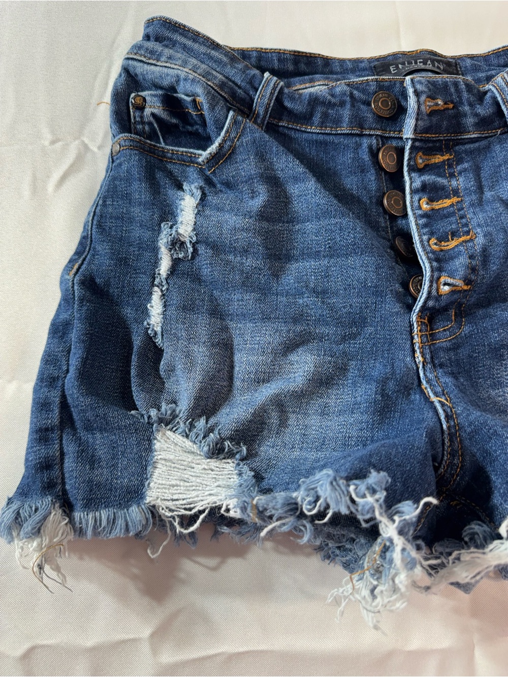 Jean Large Button-Front Distressed Denim Shorts in Blue - Picture 2 of 9